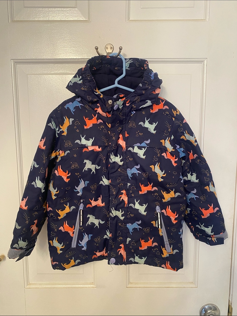 Cat & Jack Navy Puffer Jacket with Multicolor Unicorns